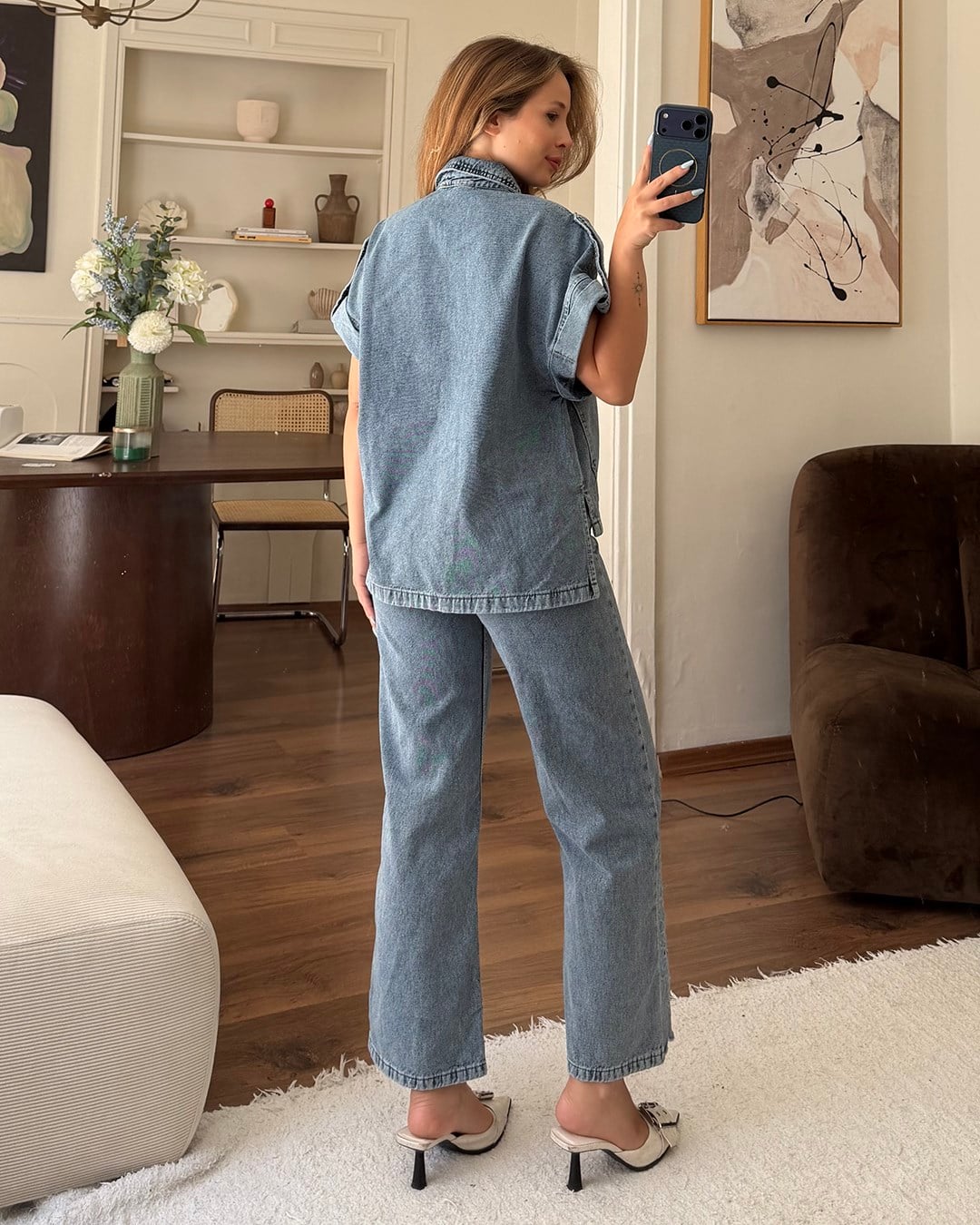 Mavi Güpür Nakışlı Denim İkili Takım