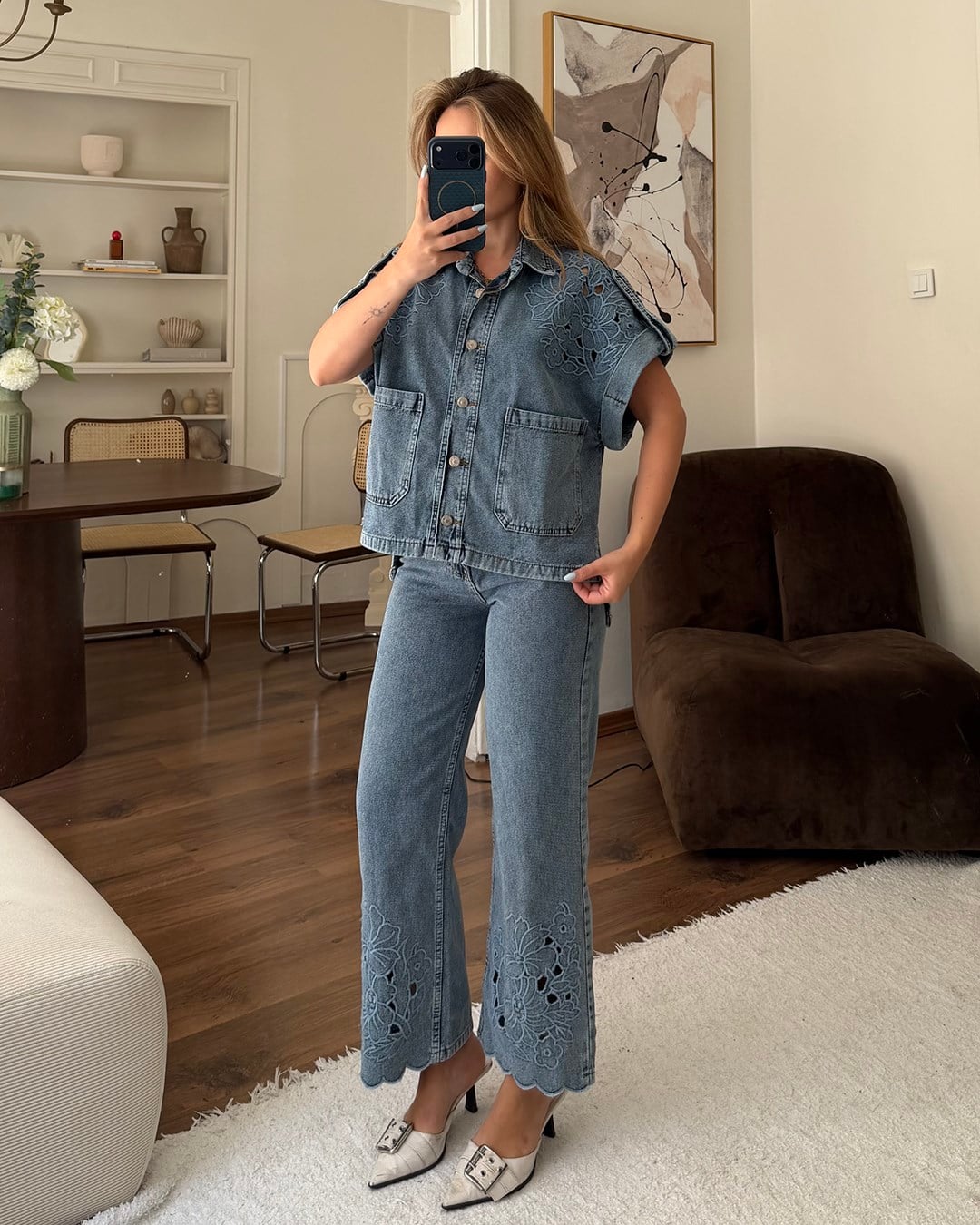 Mavi Güpür Nakışlı Denim İkili Takım