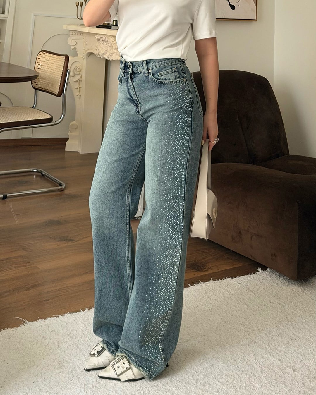 Mavi Taş Şeritli Wide Leg Jean