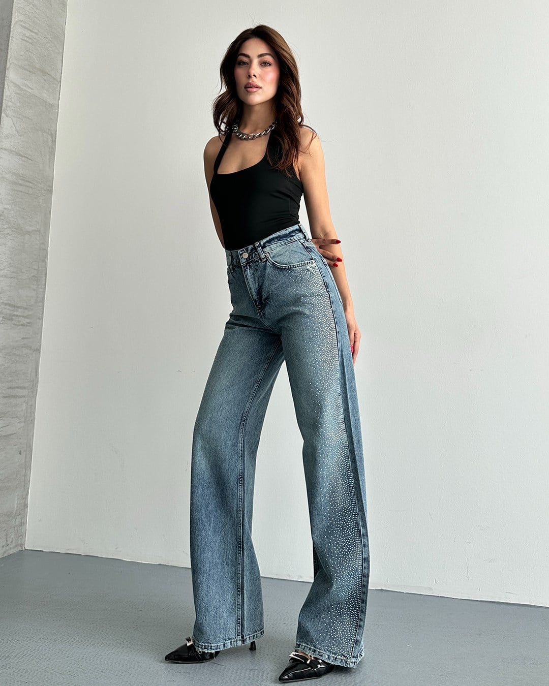 Mavi Taş Şeritli Wide Leg Jean
