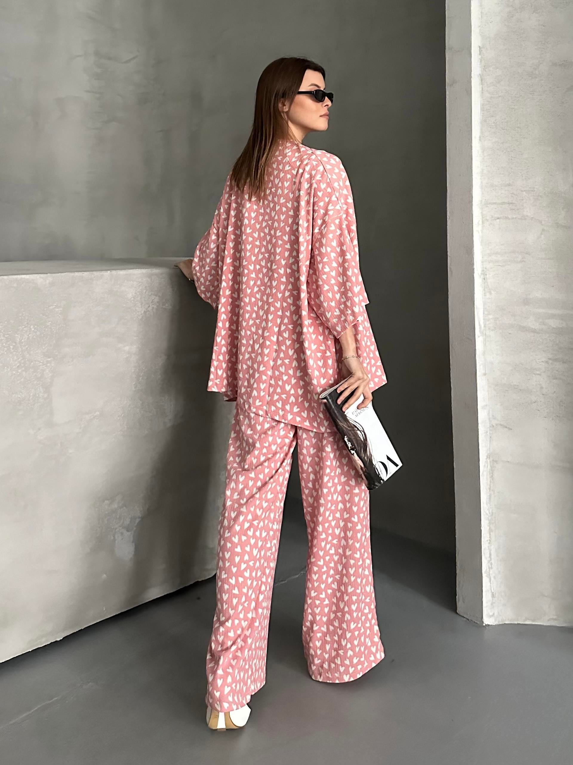 Kalp Desenli Pudra Yazlık Kimono Takım