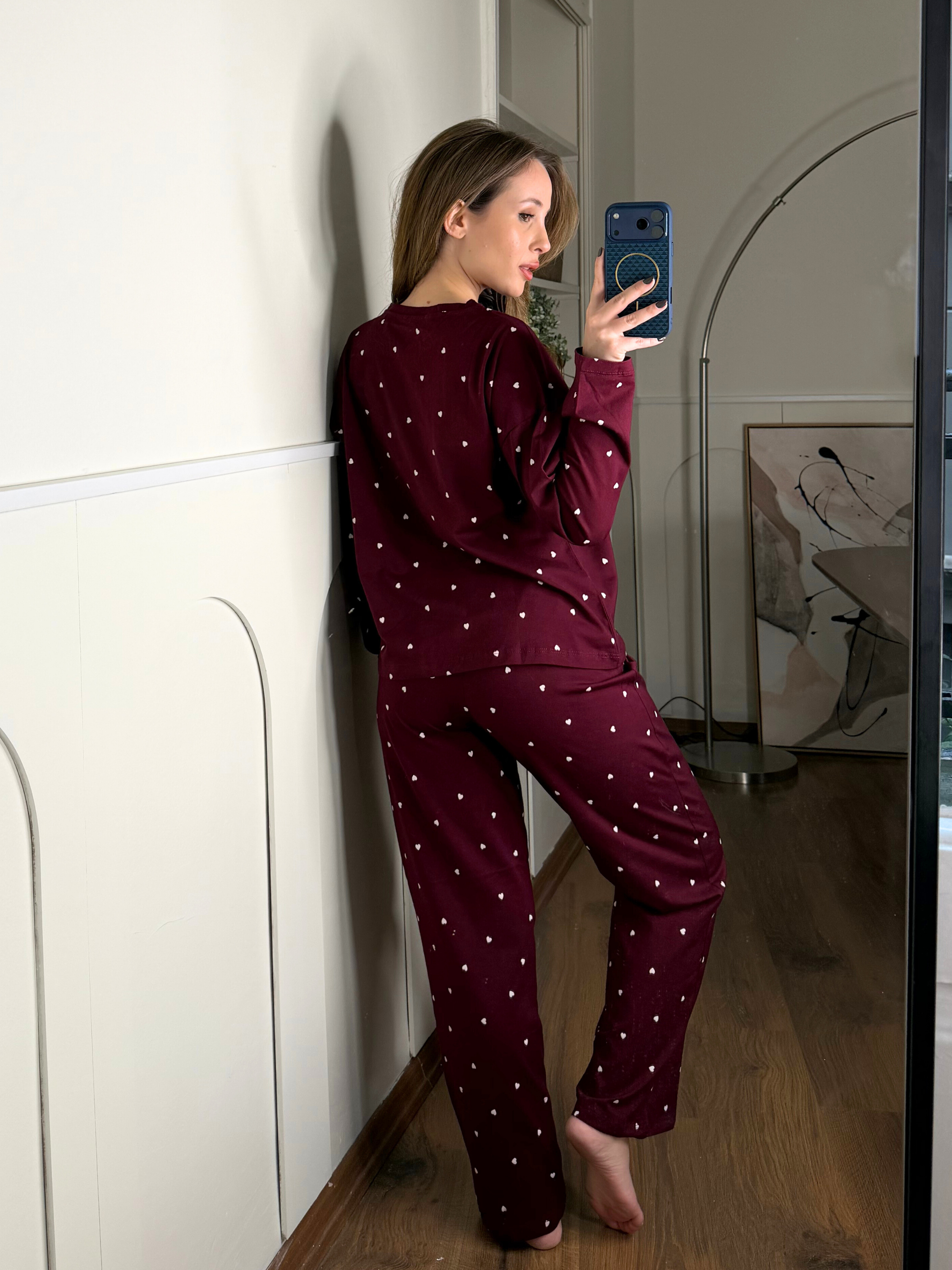 Minik Kalp Desenli Bordo Pijama Takımı