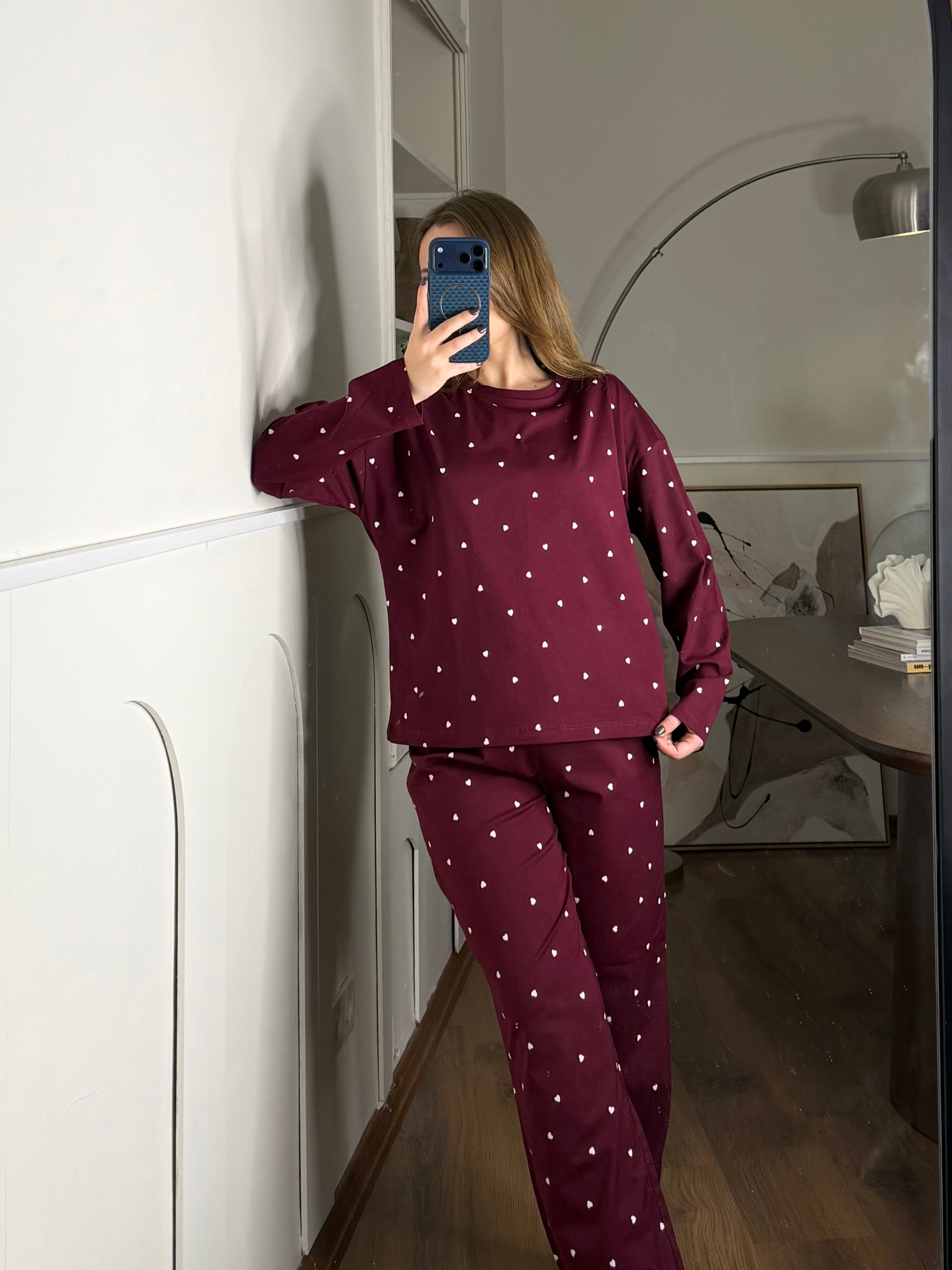 Minik Kalp Desenli Bordo Pijama Takımı