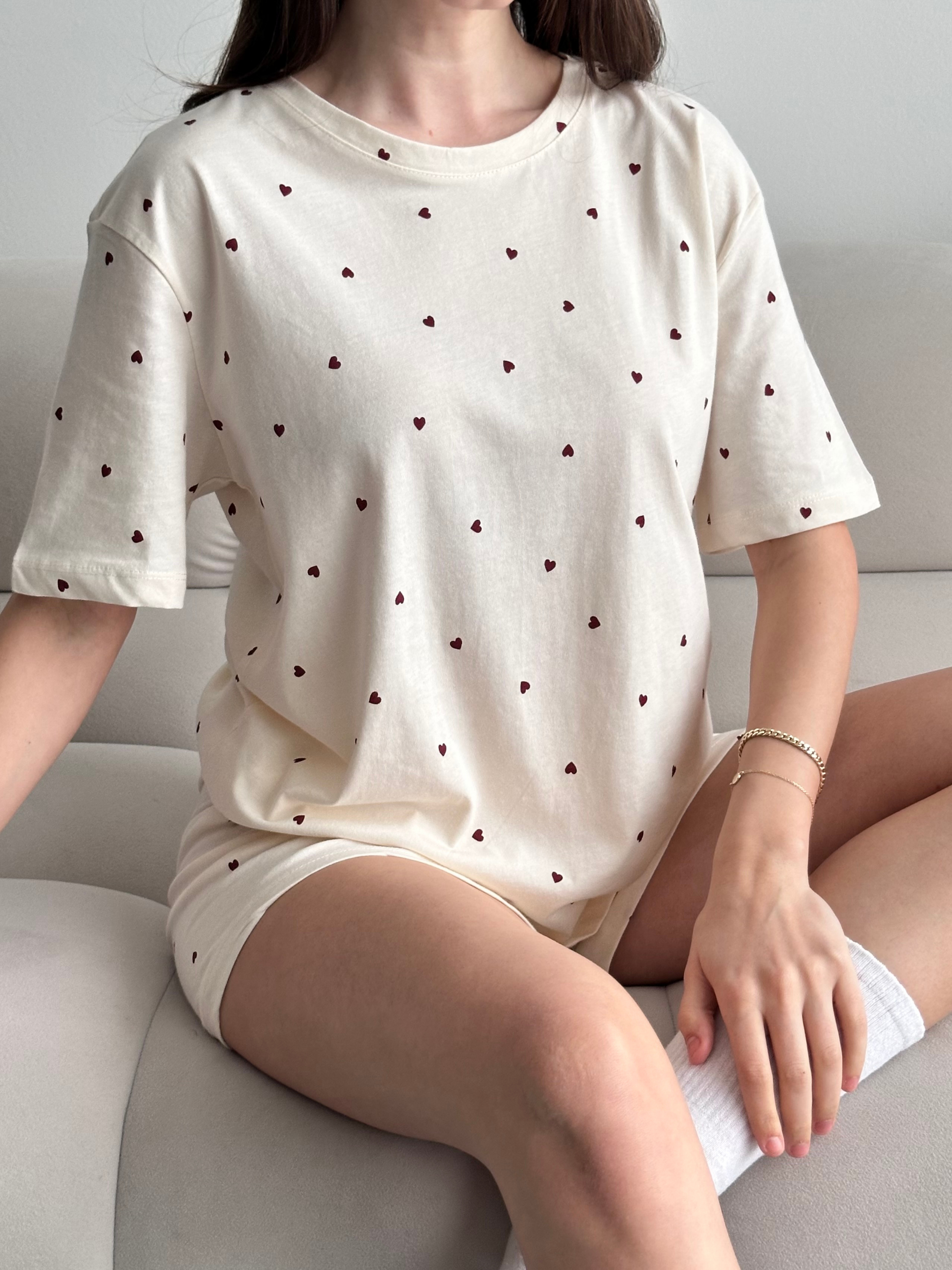 Love Mini Kalp Desenli Şortlu Pijama Takımı