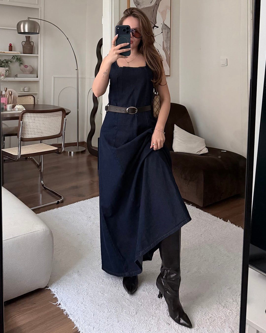 Noir Kemerli Denim Elbise