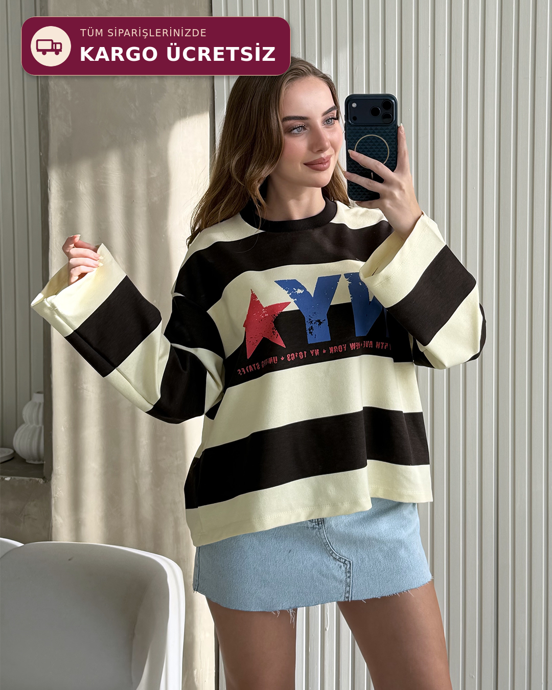 NY Star Çizgili Ekru Sweatshirt