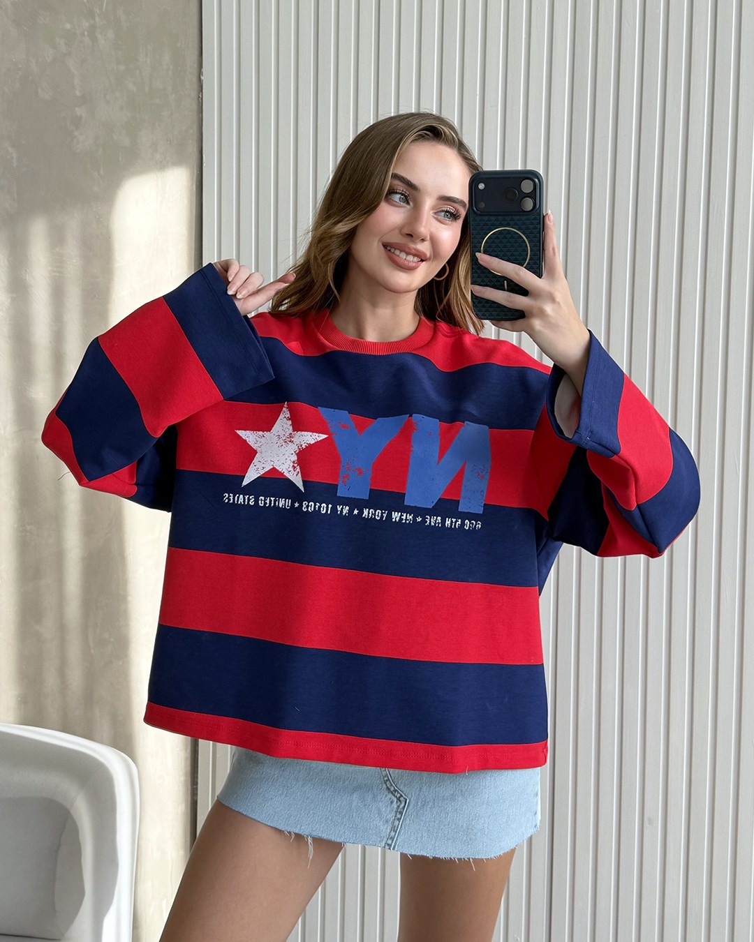 NY Star Çizgili Kırmızı Sweatshirt