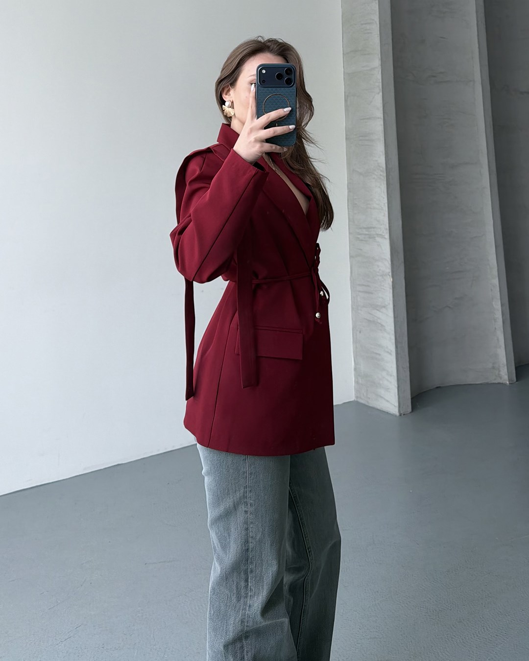 Omuz Detaylı Belden Kuşaklı Bordo Blazer Ceket