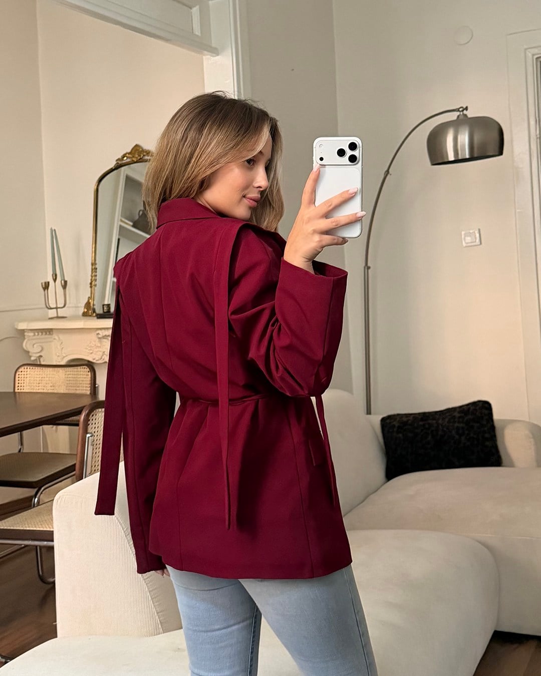 Omuz Detaylı Belden Kuşaklı Bordo Blazer Ceket