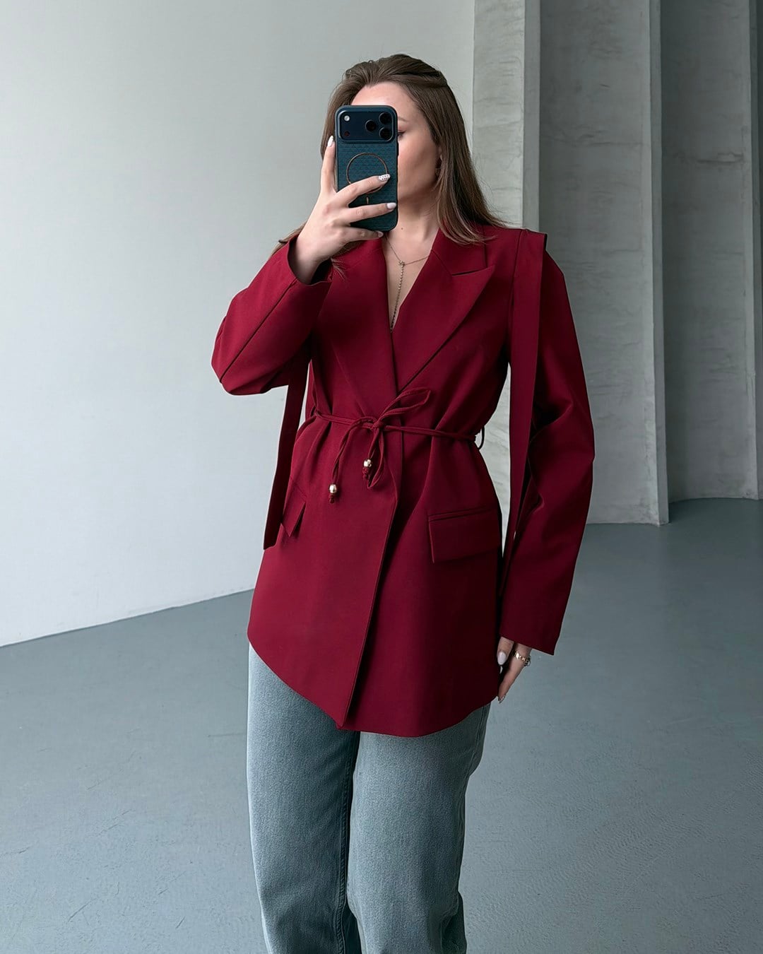 Omuz Detaylı Belden Kuşaklı Bordo Blazer Ceket