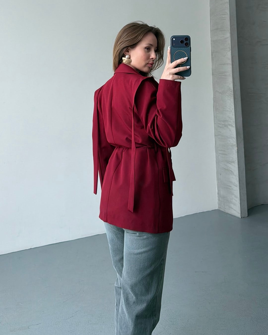 Omuz Detaylı Belden Kuşaklı Bordo Blazer Ceket