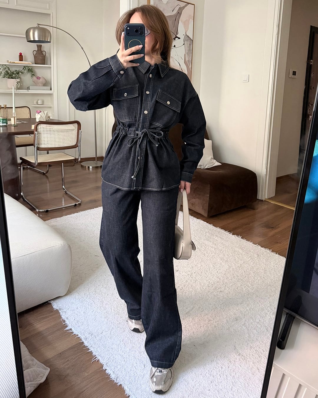 Beli Lastik Kuşaklı Önü Çıtçıtlı Denim Takım