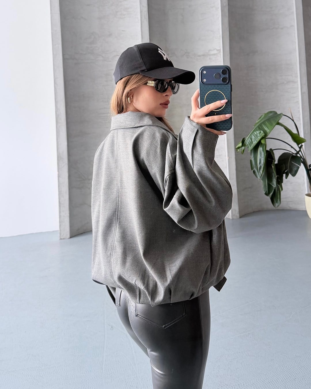 Oversize Fermuarlı Antrasit Bomber Ceket
