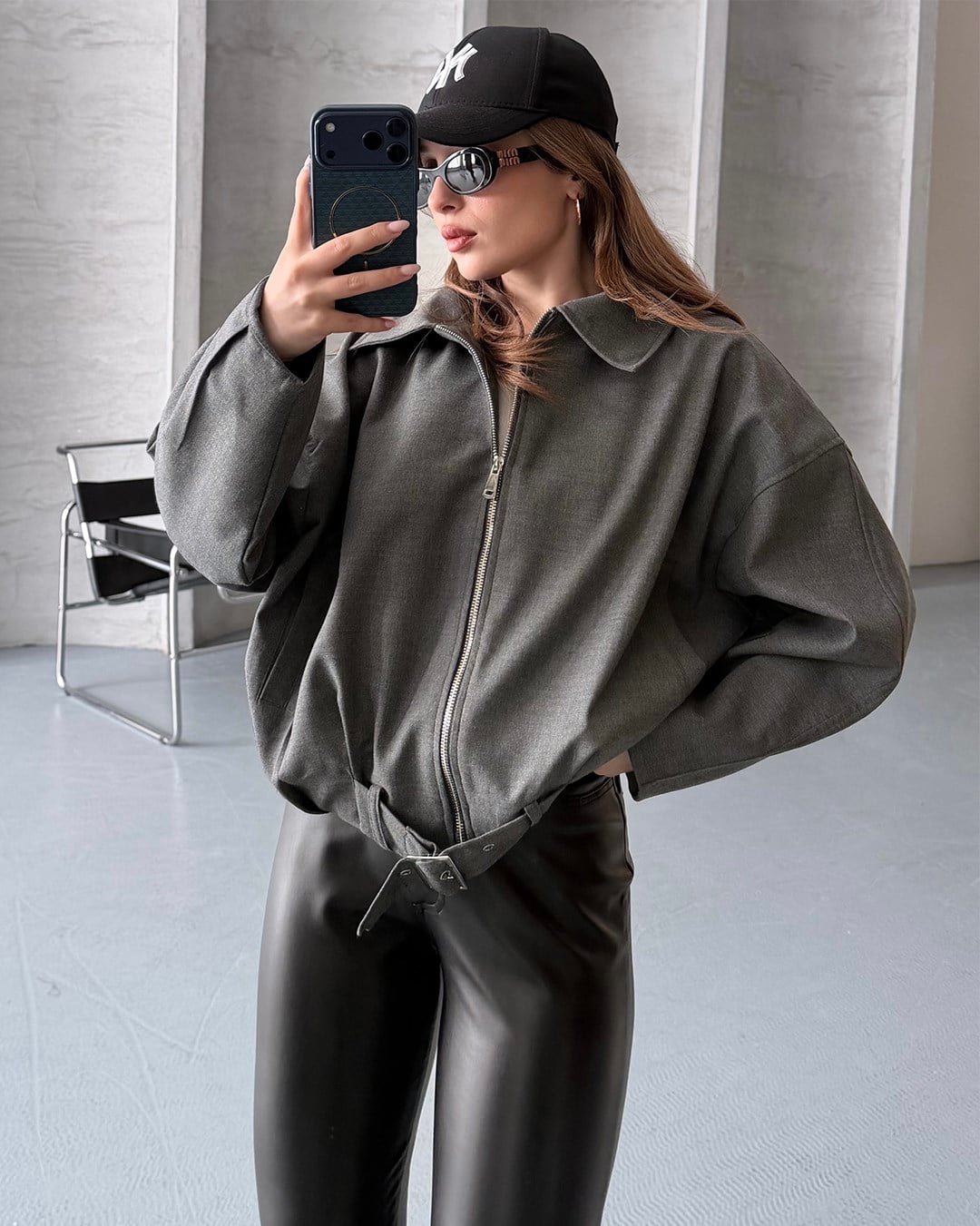 Oversize Fermuarlı Antrasit Bomber Ceket