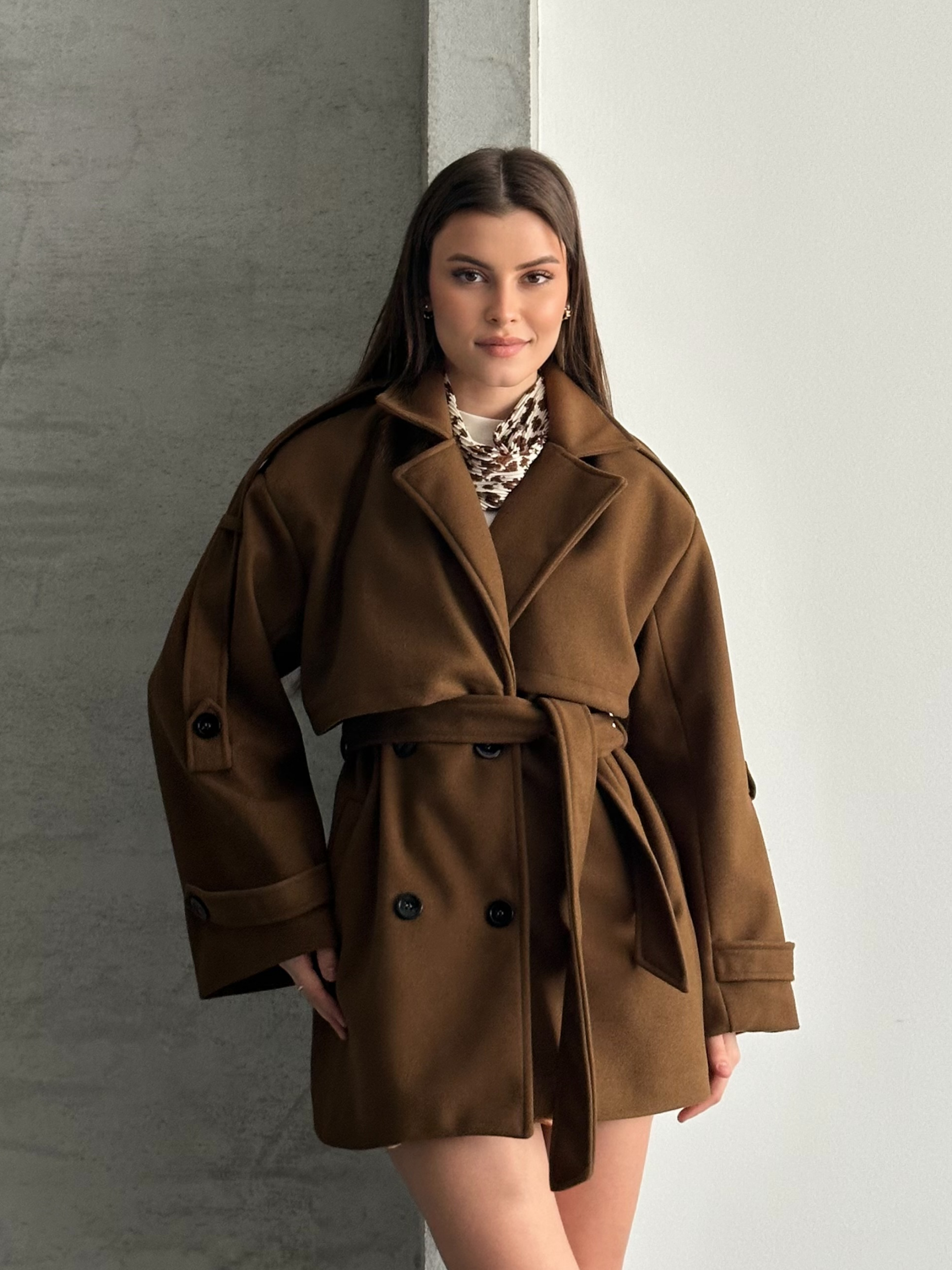 Oversize Kahverengi Kaşe Kaban