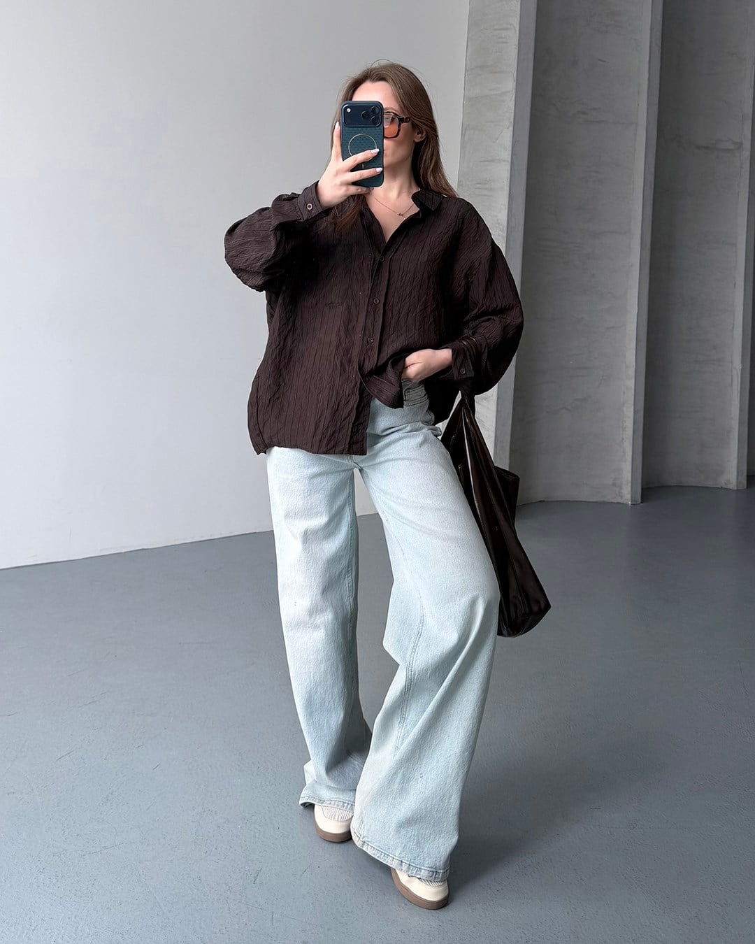 Oversize Kahverengi Transparan Gömlek