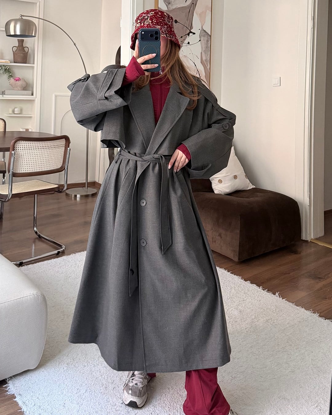 Oversize Kemerli Uzun Antrasit Trençkot