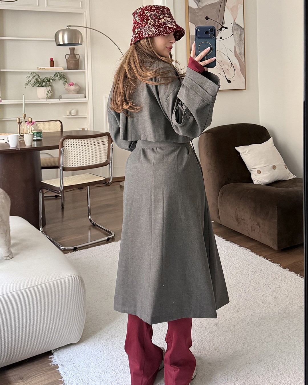 Oversize Kemerli Uzun Antrasit Trençkot
