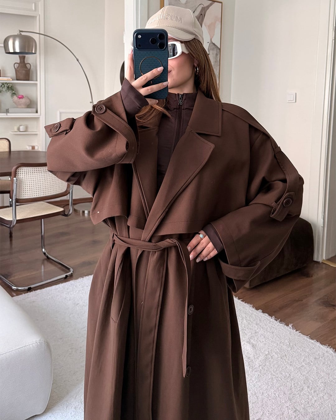 Oversize Kemerli Uzun Kahverengi Trençkot