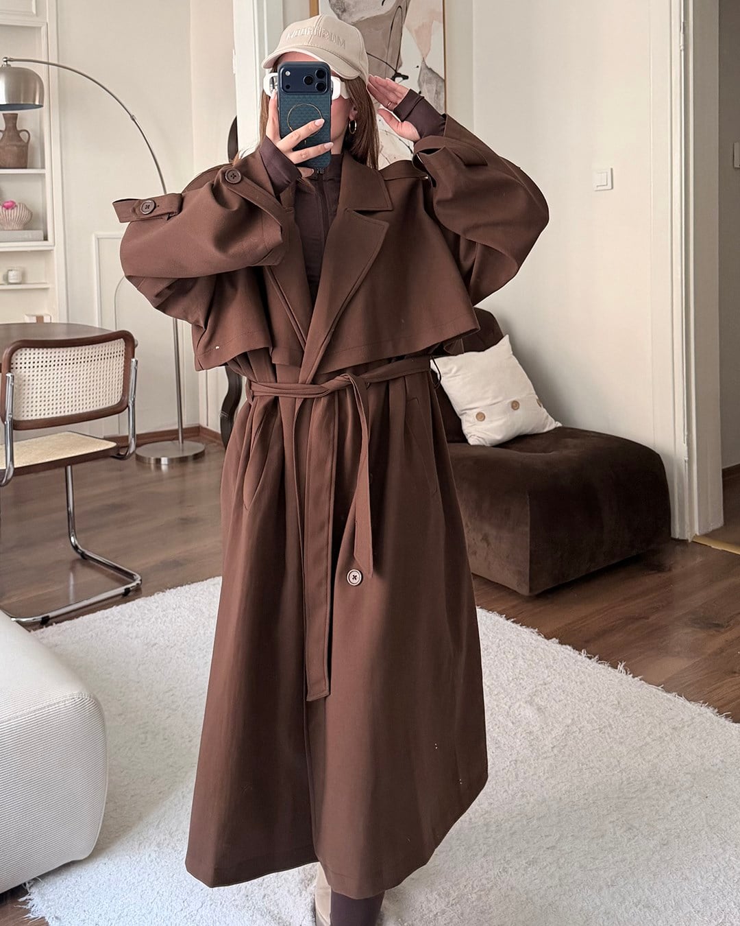 Oversize Kemerli Uzun Kahverengi Trençkot