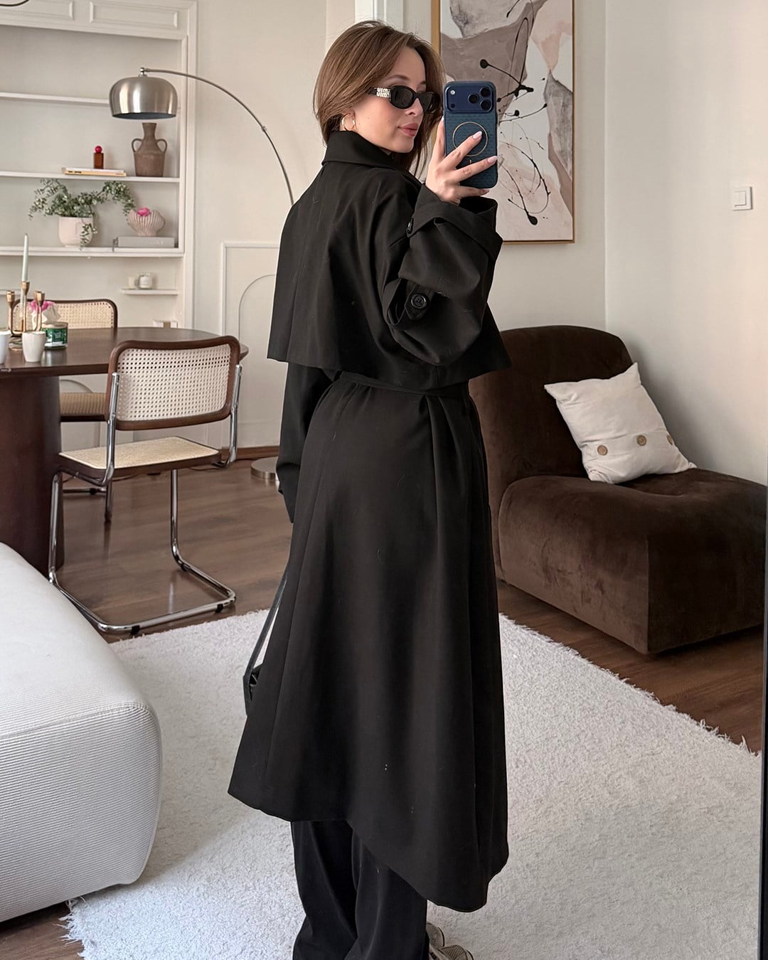Oversize Kemerli Uzun Siyah Trençkot