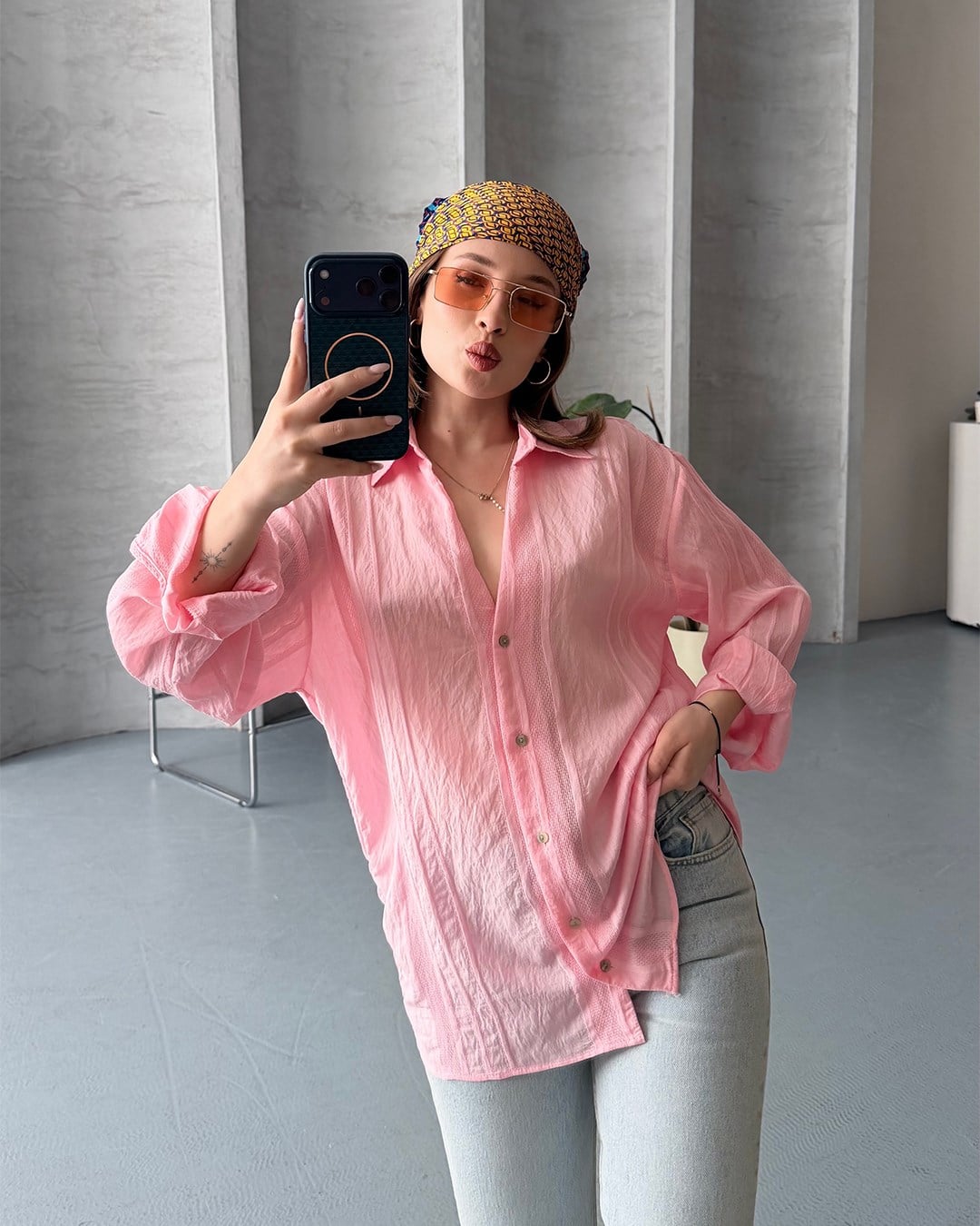 Oversize Keten Dokulu Pembe Yazlık Gömlek