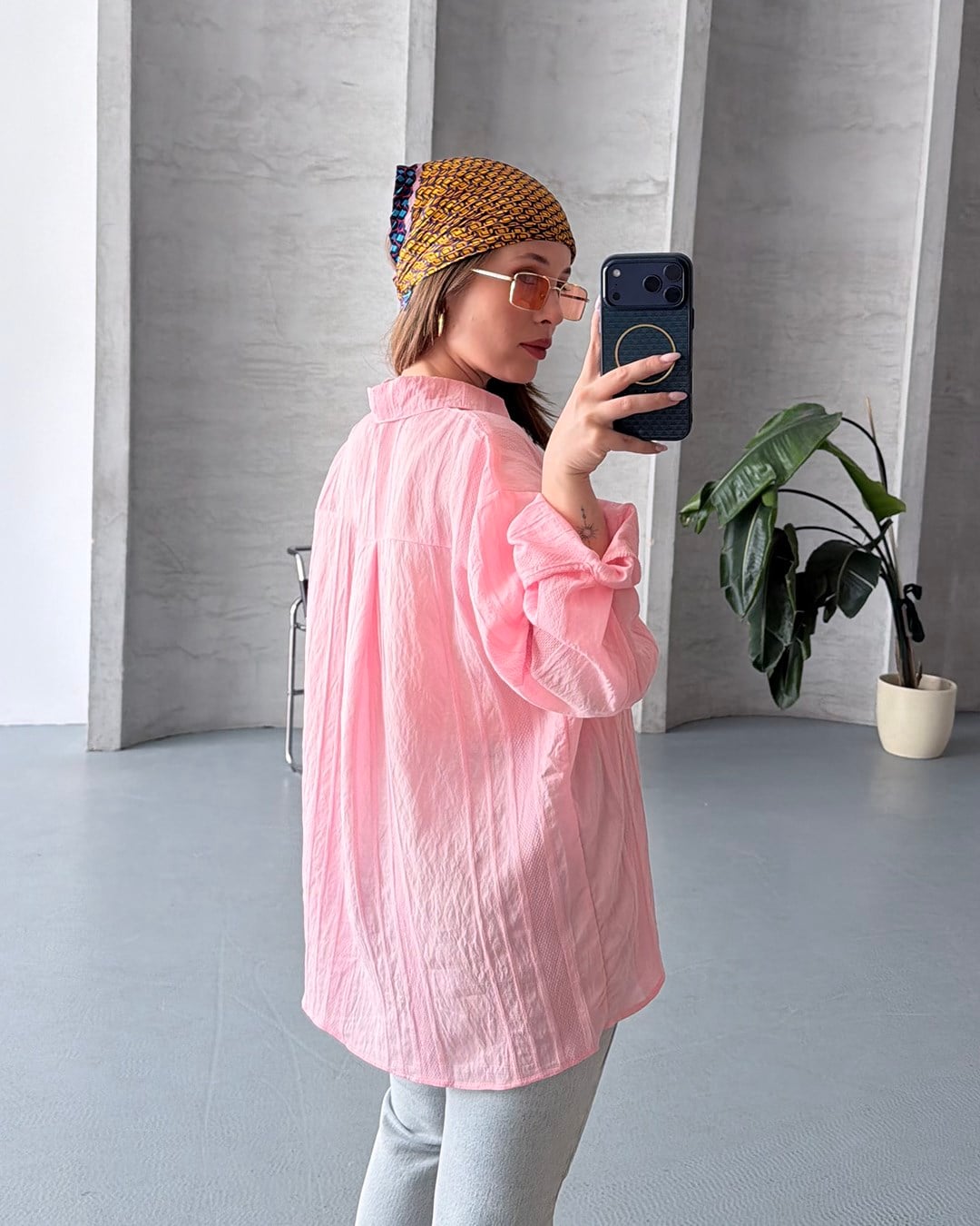 Oversize Keten Dokulu Pembe Yazlık Gömlek