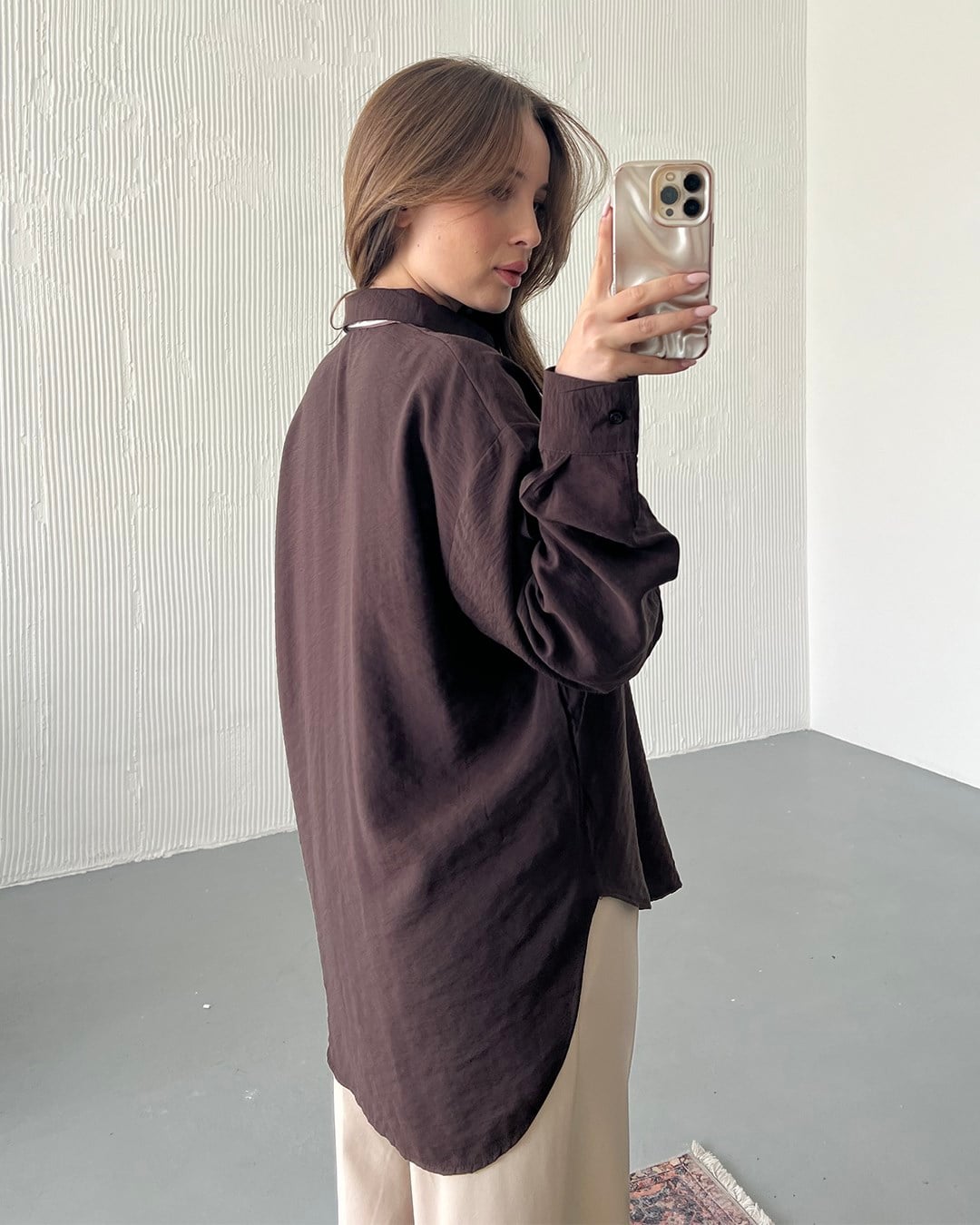 Retro Fularlı Oversize Kahverengi Gömlek