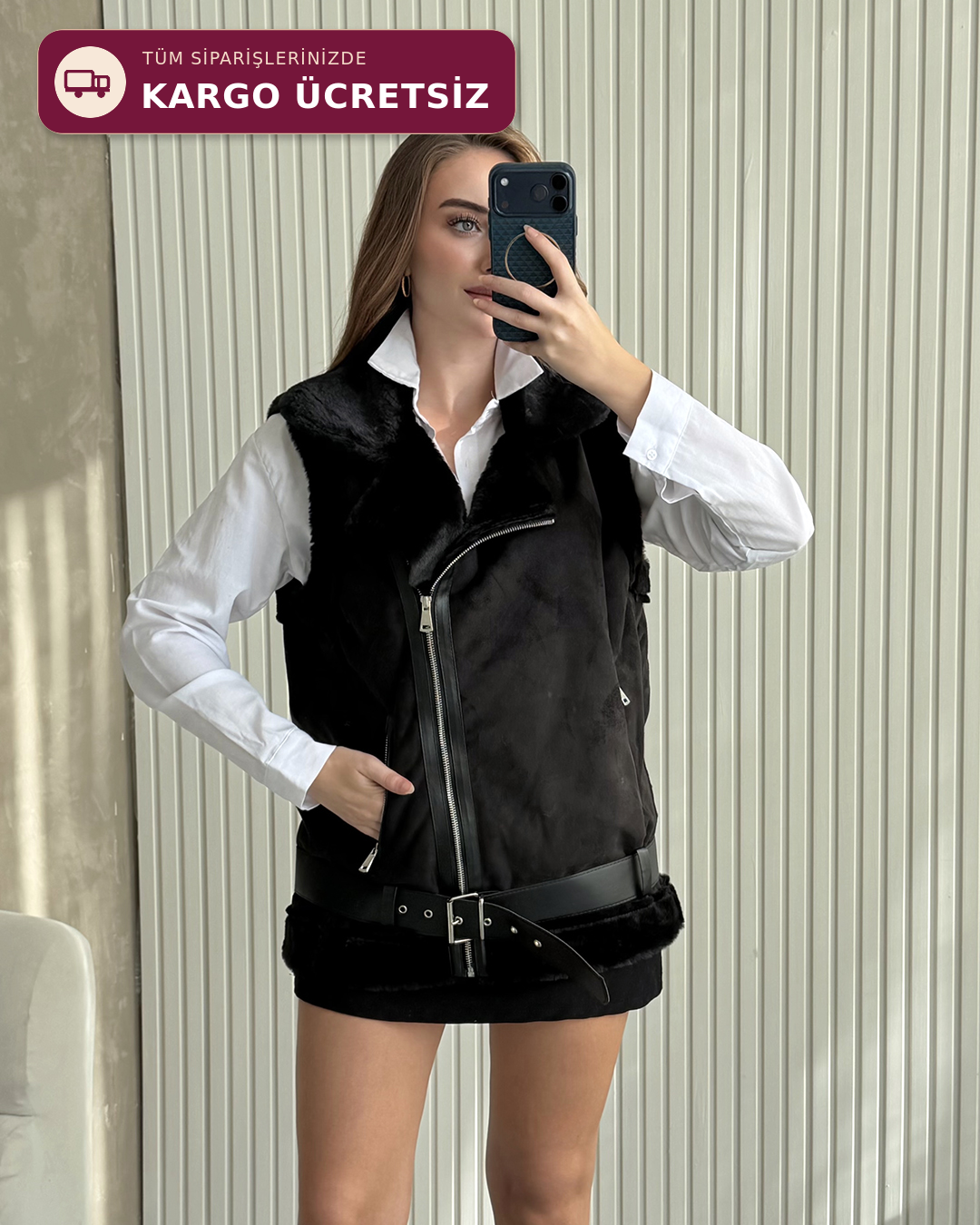 Peluş Astarlı Kemerli Oversize Siyah Süet Yelek