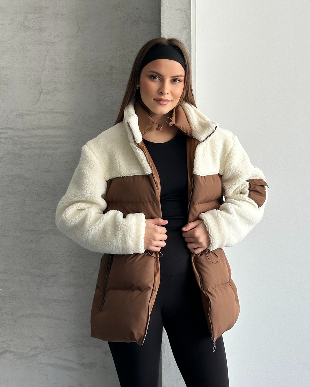 Peluş Detay Kapitone Kahverengi Mont