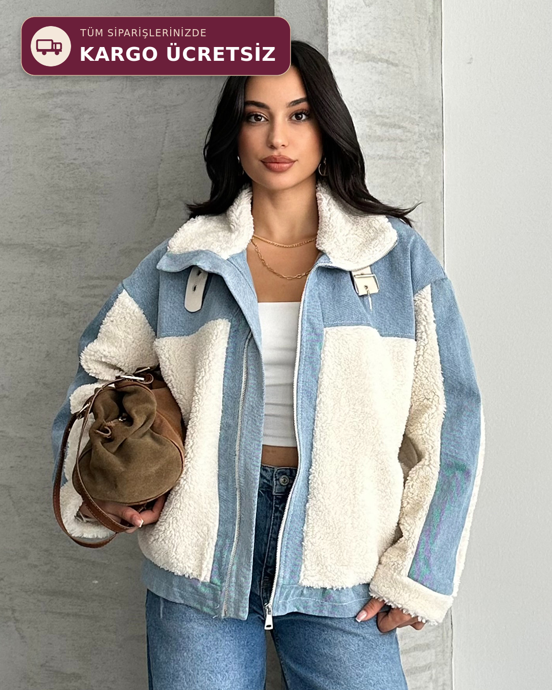 Peluş Detaylı Fermuarlı Kot Ceket
