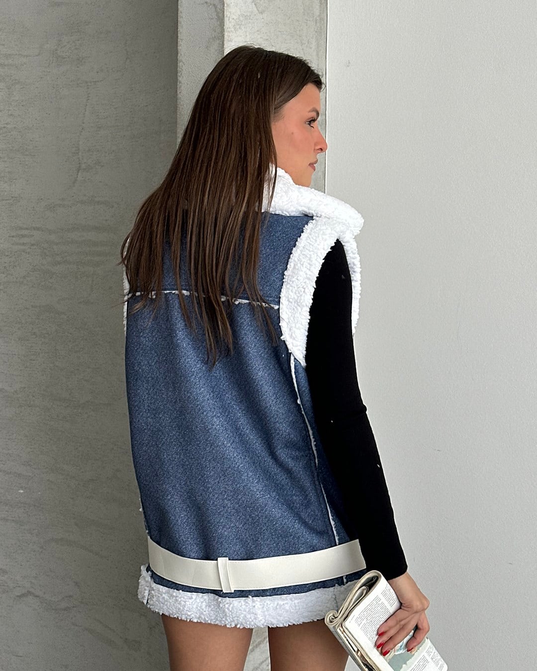 Peluş Kemerli Denim Yelek