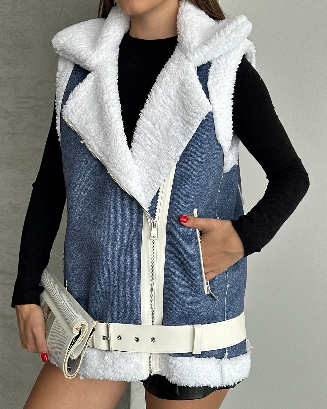 Peluş Kemerli Denim Yelek