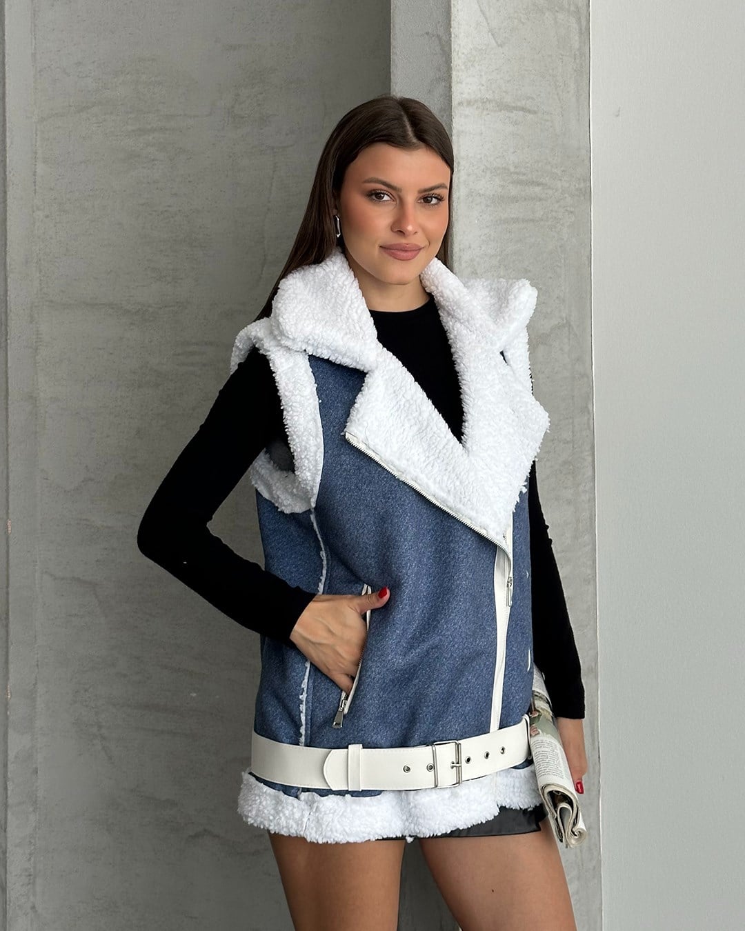 Peluş Kemerli Denim Yelek