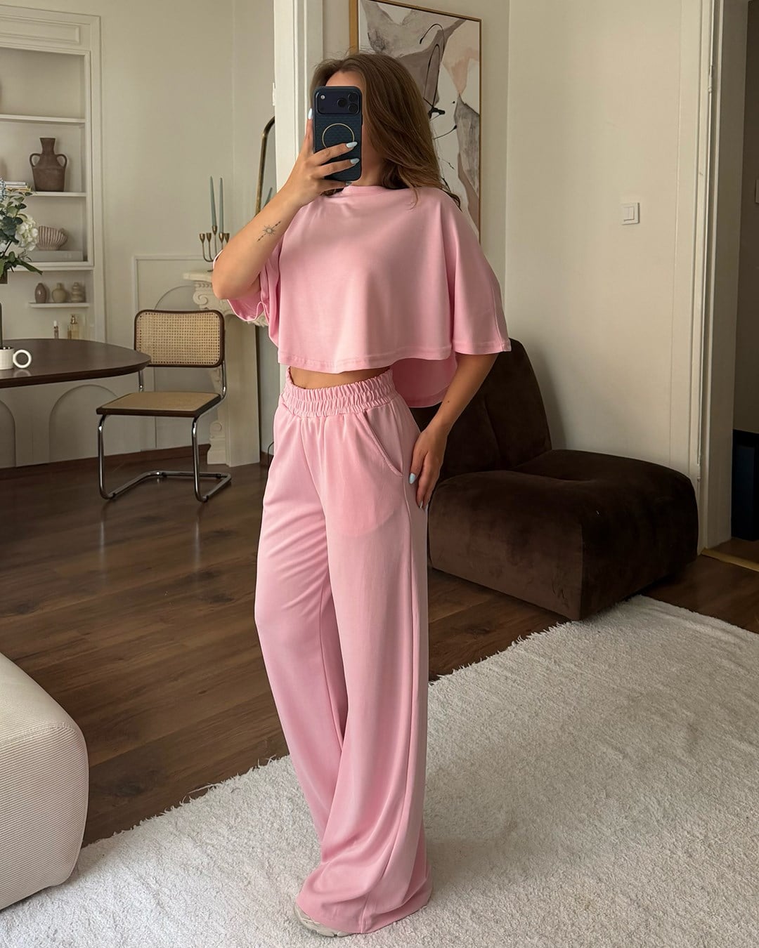 Pembe Crop Beli Lastikli Eşofman Takımı