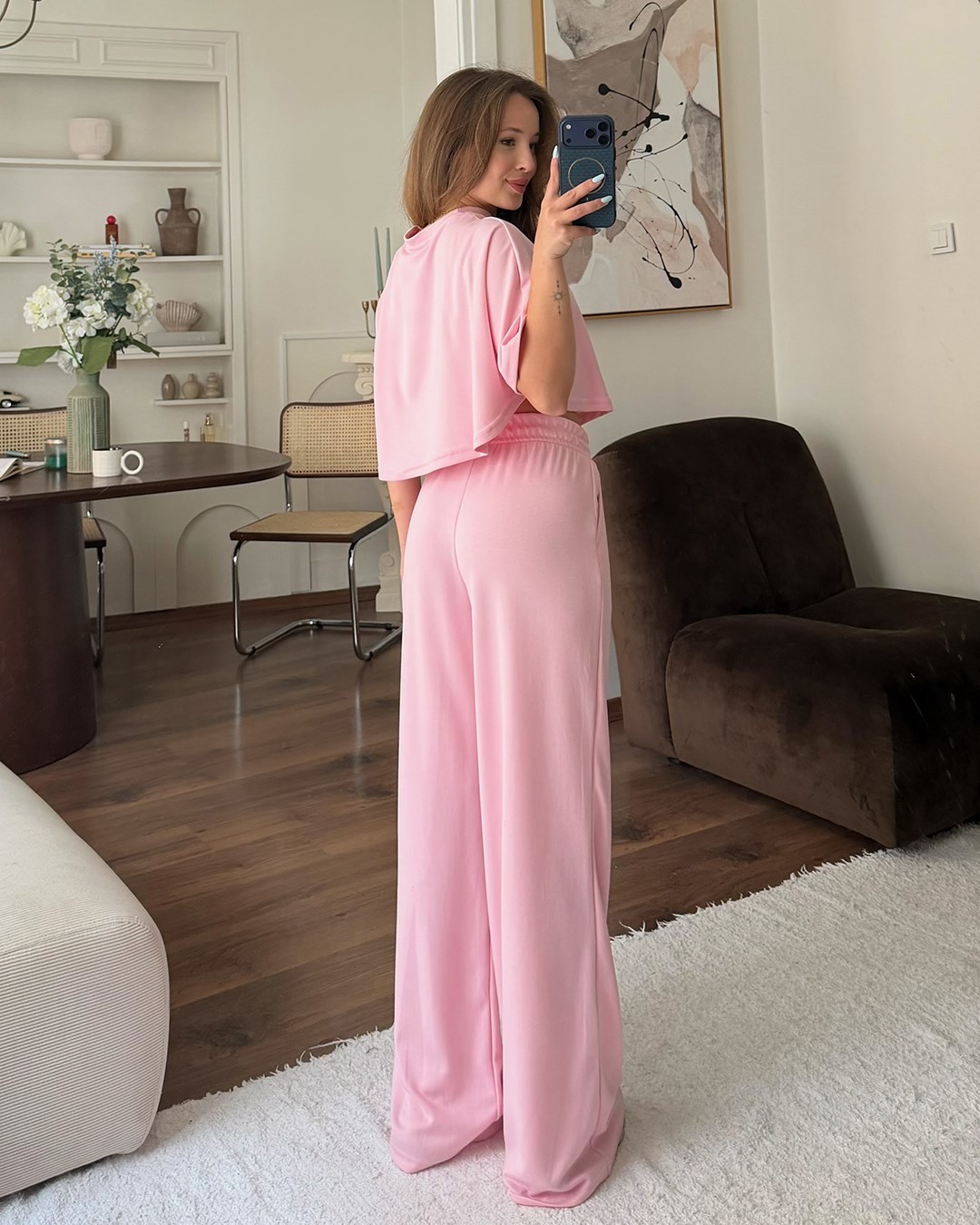 Pembe Crop Beli Lastikli Eşofman Takımı