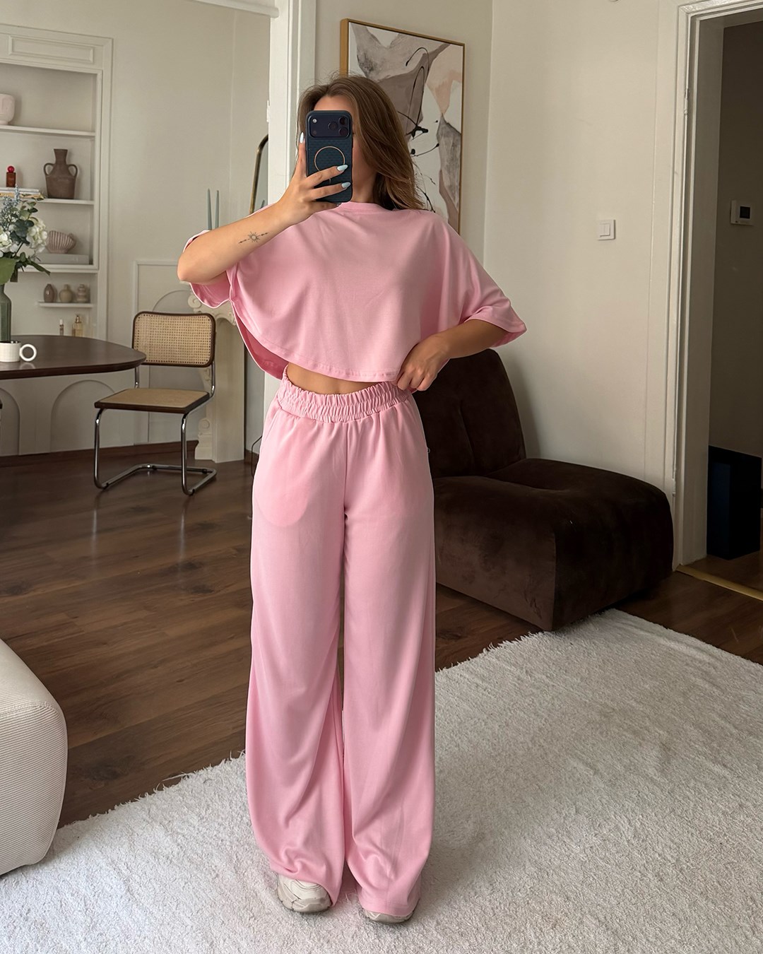 Pembe Crop Beli Lastikli Eşofman Takımı