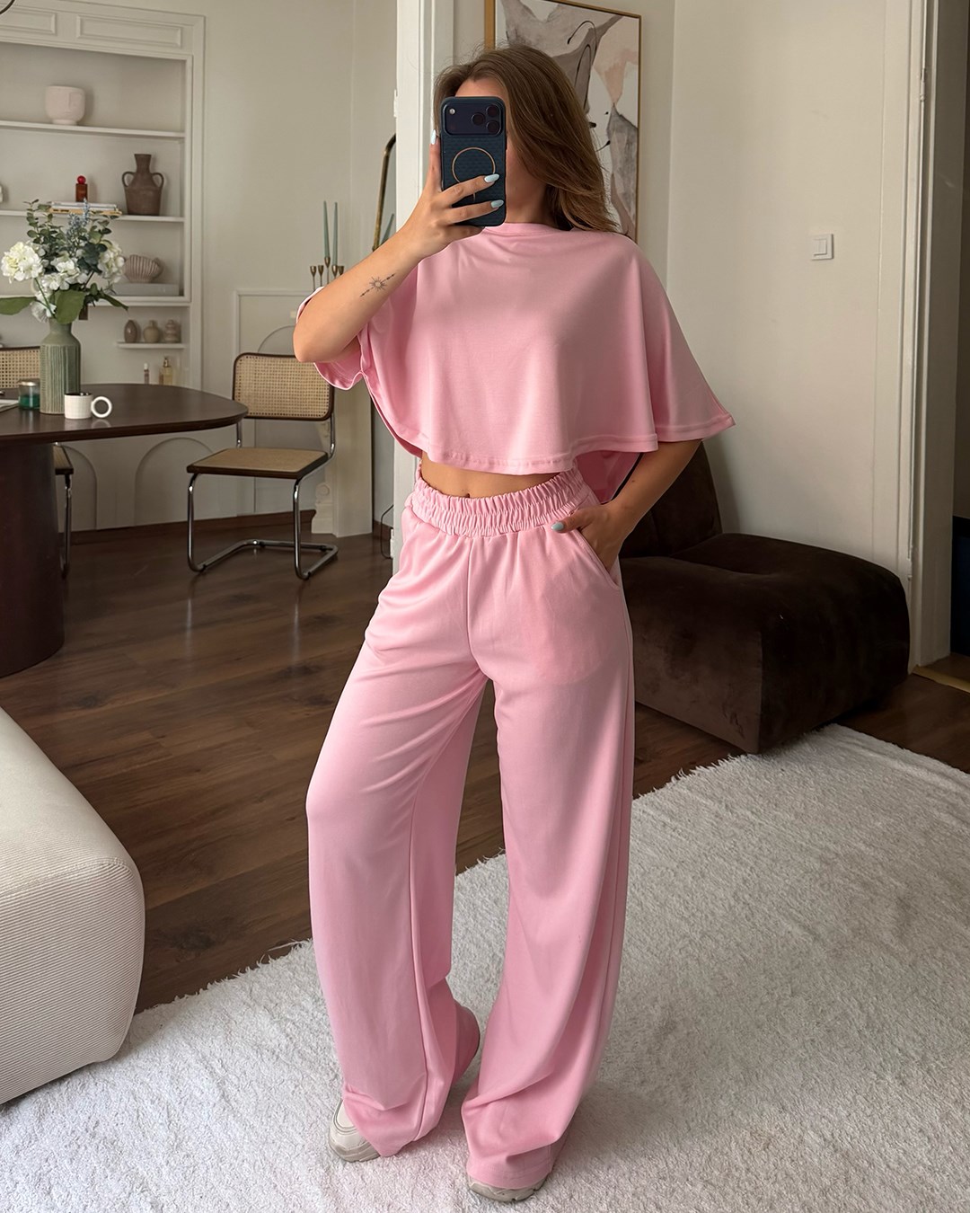 Pembe Crop Beli Lastikli Eşofman Takımı