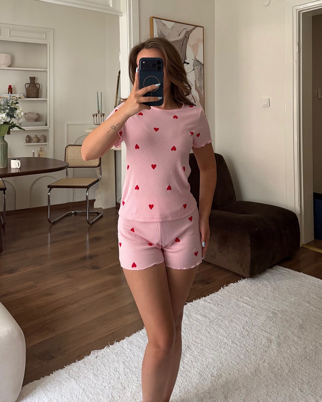 Pembe Kalpli Kaşkorse Şortlu Pijama Takımı