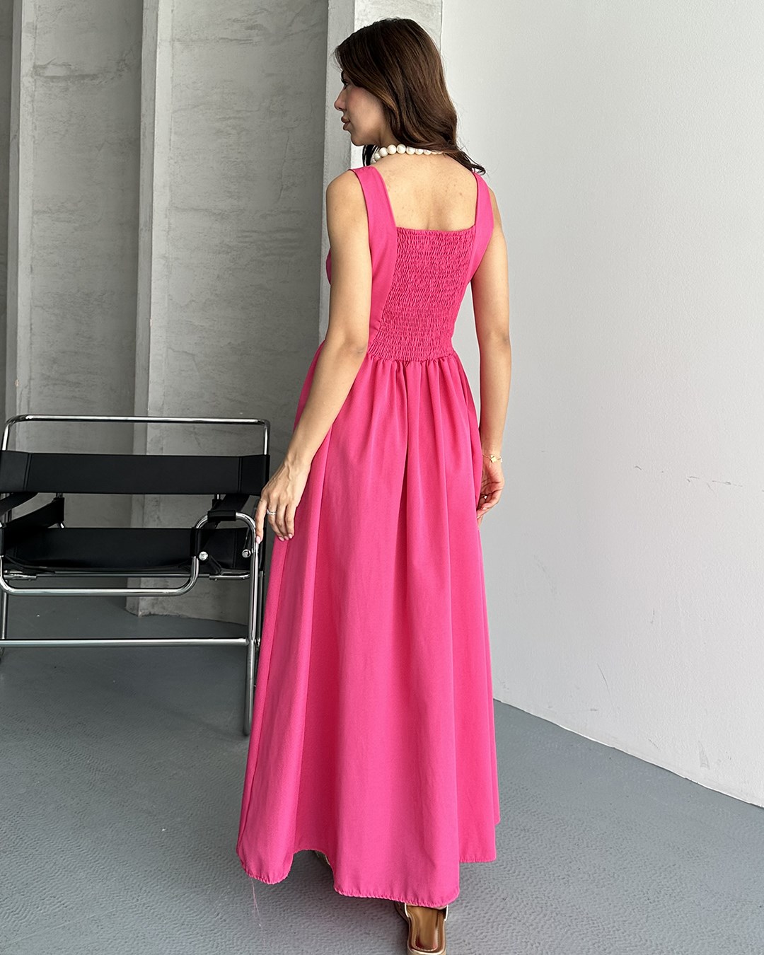 Pembe Kare Yaka Askılı Maxi Elbise