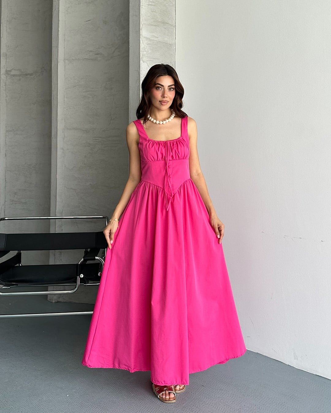 Pembe Kare Yaka Askılı Maxi Elbise