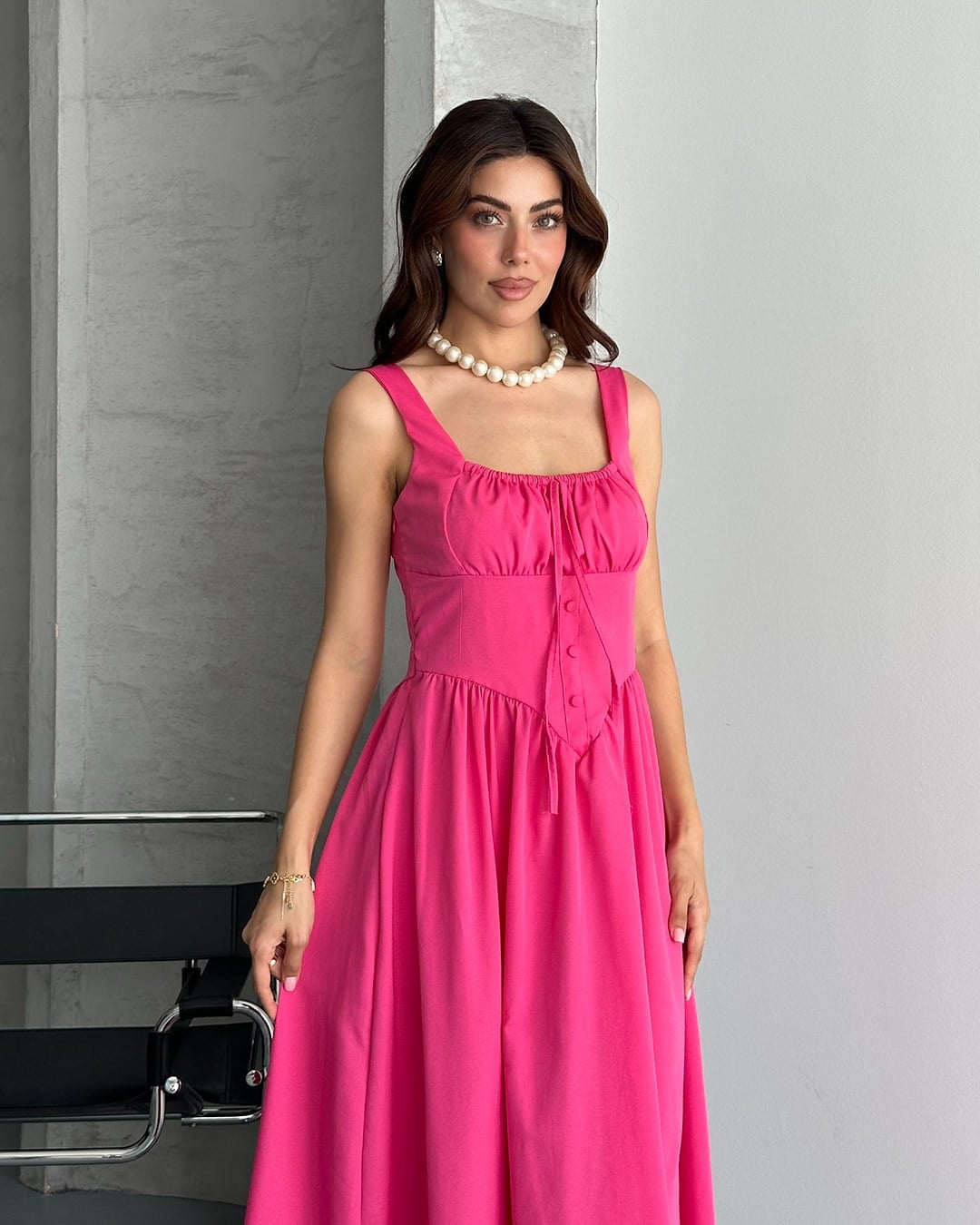 Pembe Kare Yaka Askılı Maxi Elbise