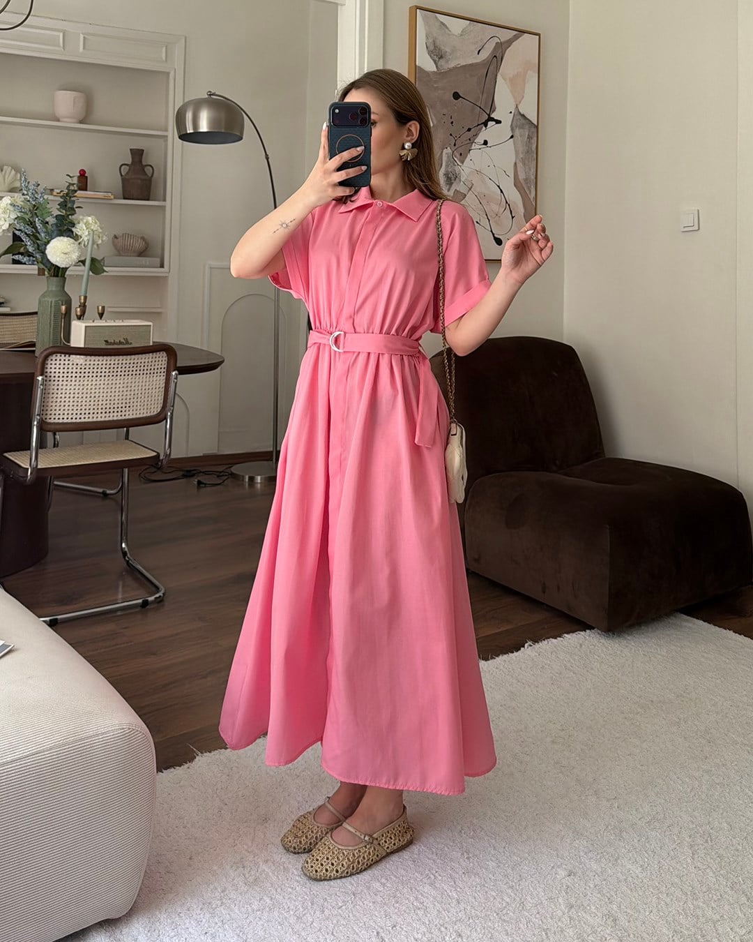 Pembe Kemerli Midi Elbise
