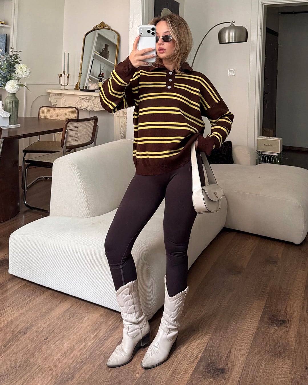 Polo Yaka Düğmeli Çizgili Oversize Kahverengi Triko Kazak