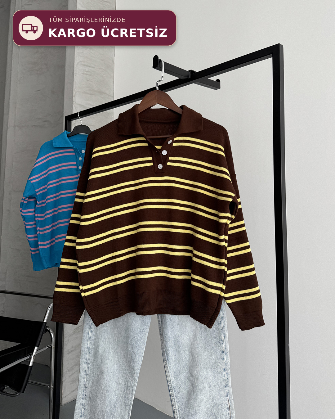 Polo Yaka Düğmeli Çizgili Oversize Kahverengi Triko Kazak