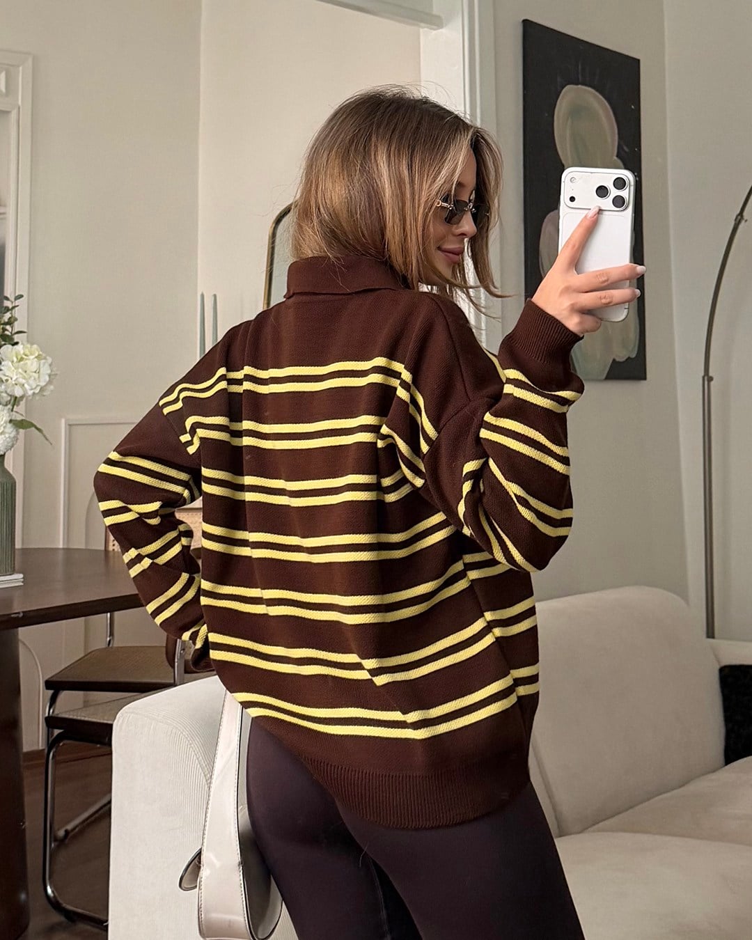 Polo Yaka Düğmeli Çizgili Oversize Kahverengi Triko Kazak