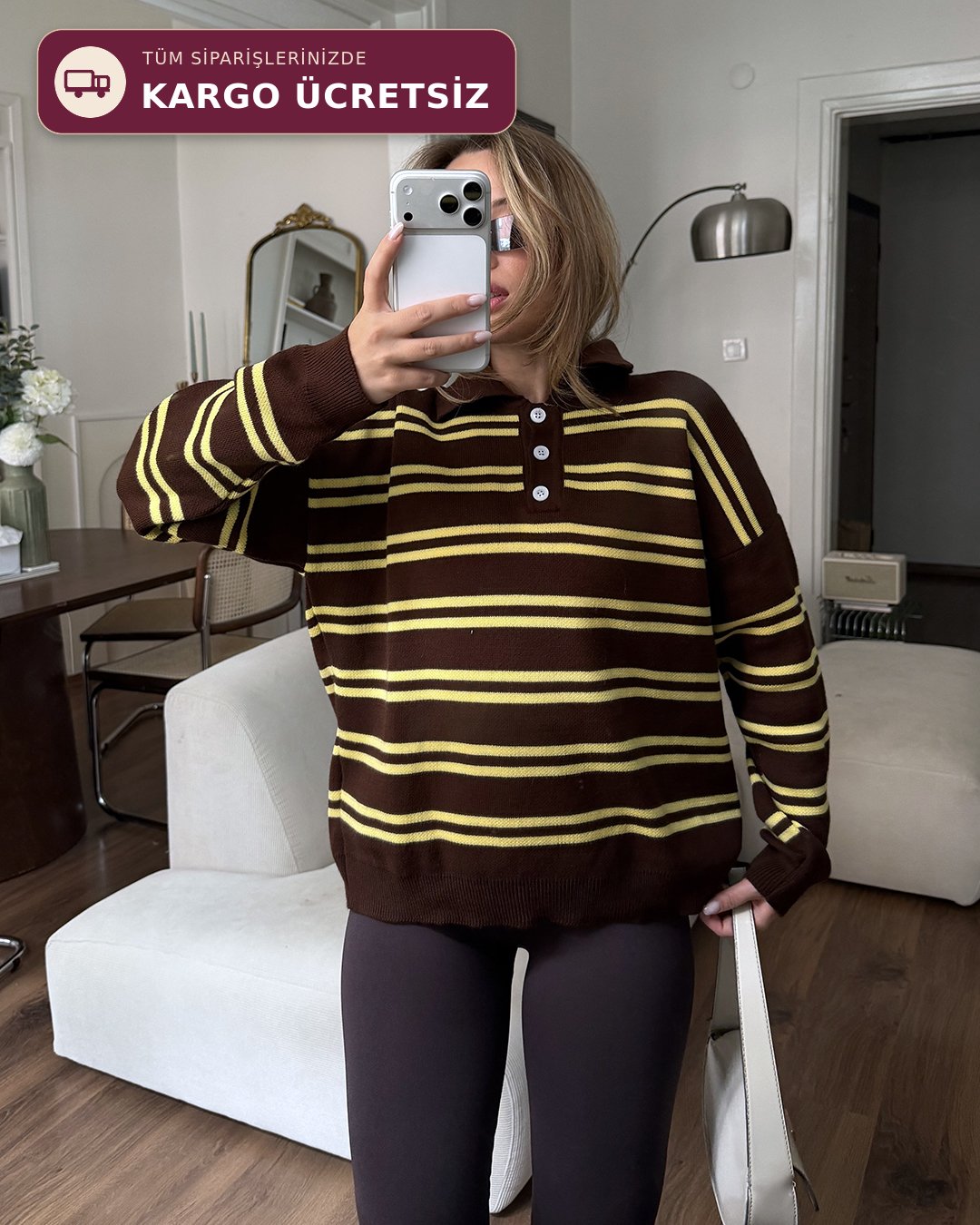 Polo Yaka Düğmeli Çizgili Oversize Kahverengi Triko Kazak