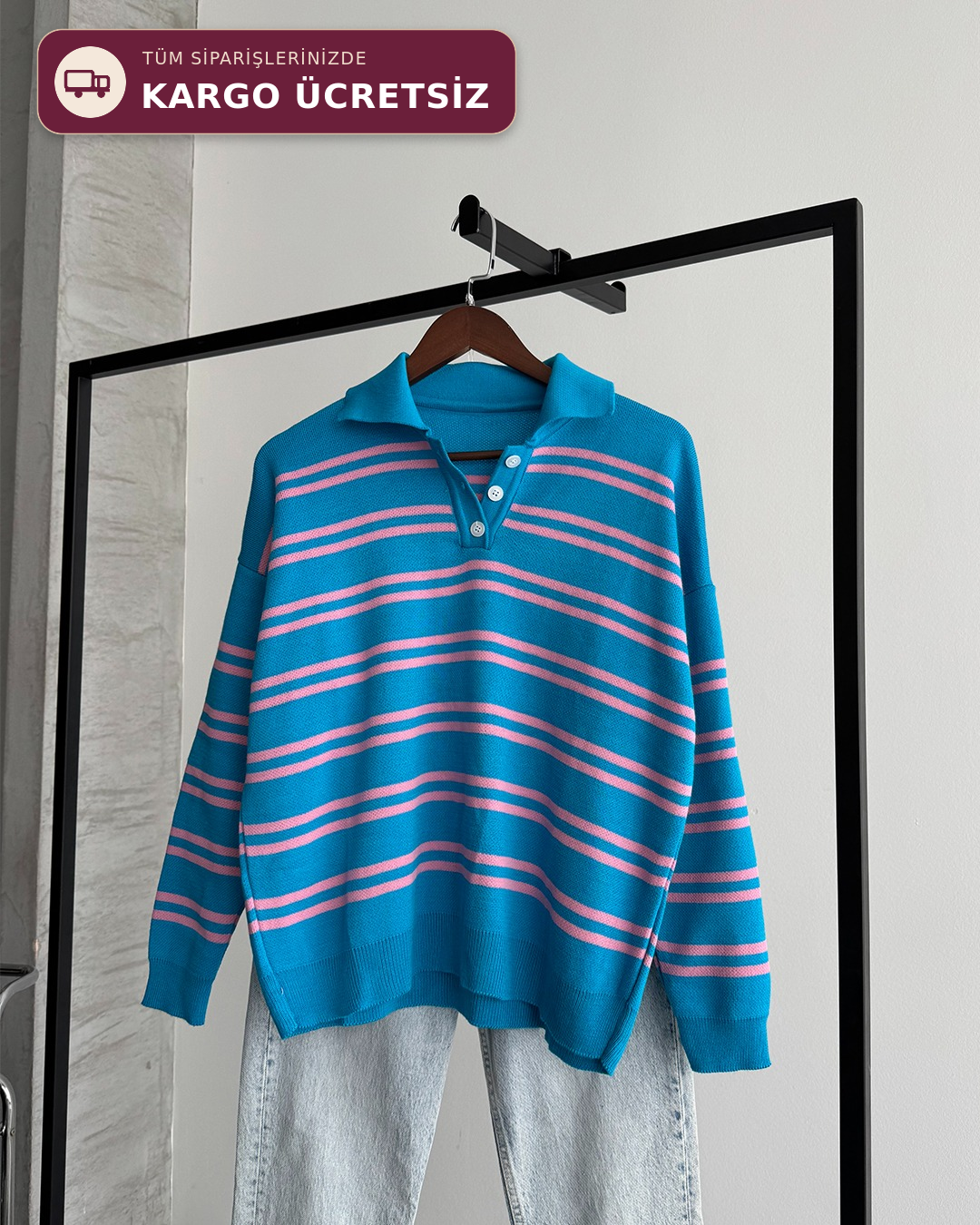 Polo Yaka Düğmeli Çizgili Oversize Mavi Triko Kazak