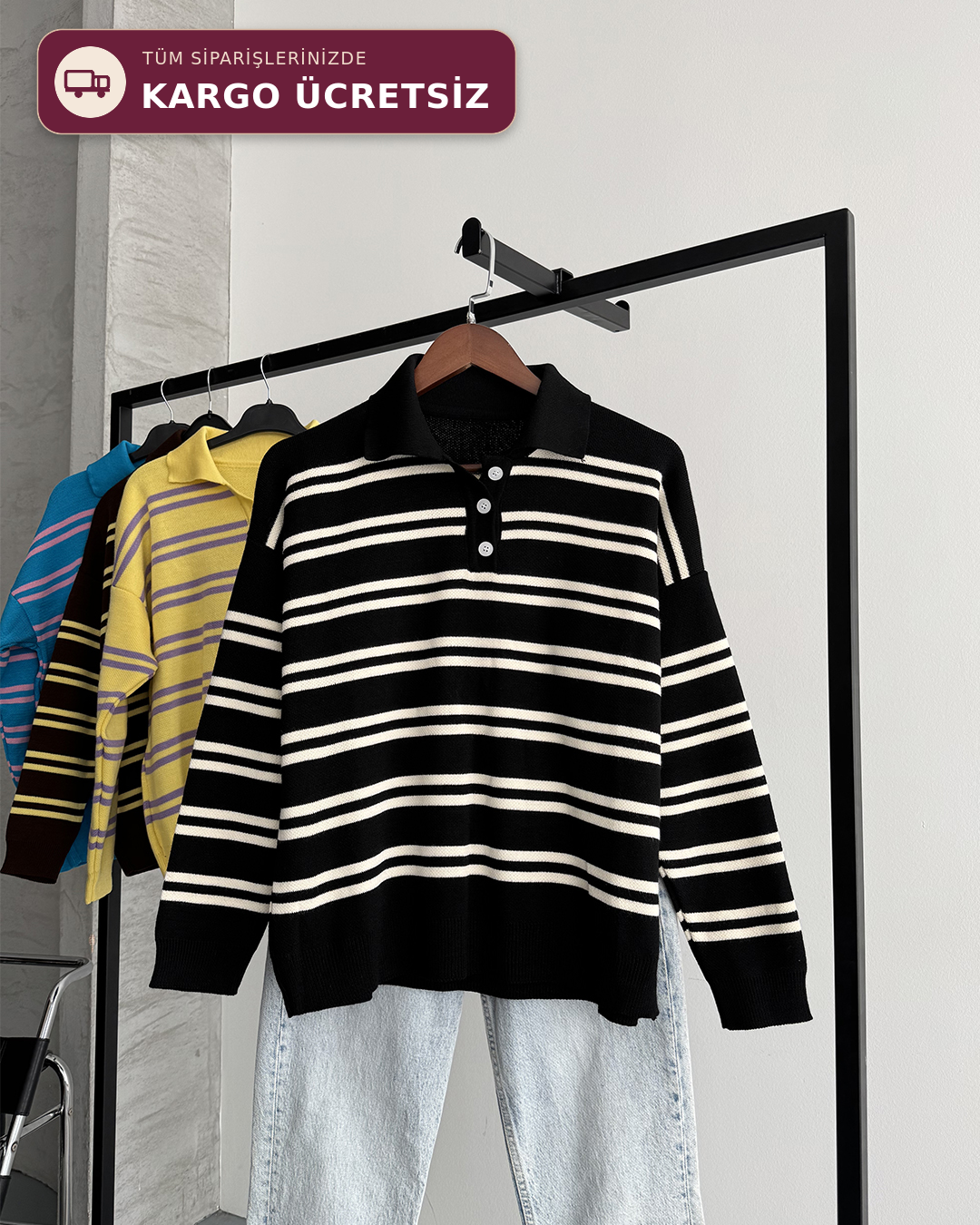 Polo Yaka Düğmeli Çizgili Oversize Siyah Triko Kazak