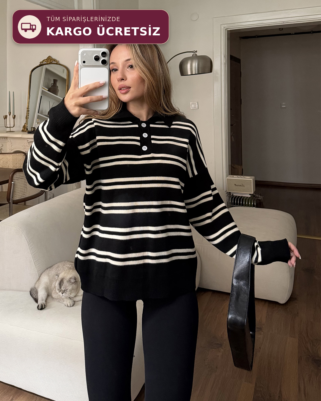 Polo Yaka Düğmeli Çizgili Oversize Siyah Triko Kazak